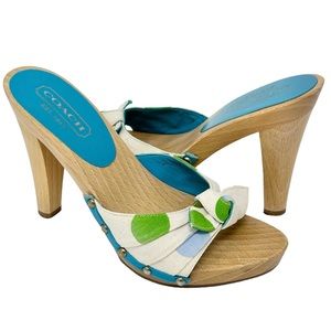 COACH Laverne Canvas Open Toe Bow Sandal Polka Dot Wood Heels 5.5